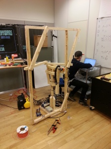 Wooden armature with mounted penumatic muscle and sensors